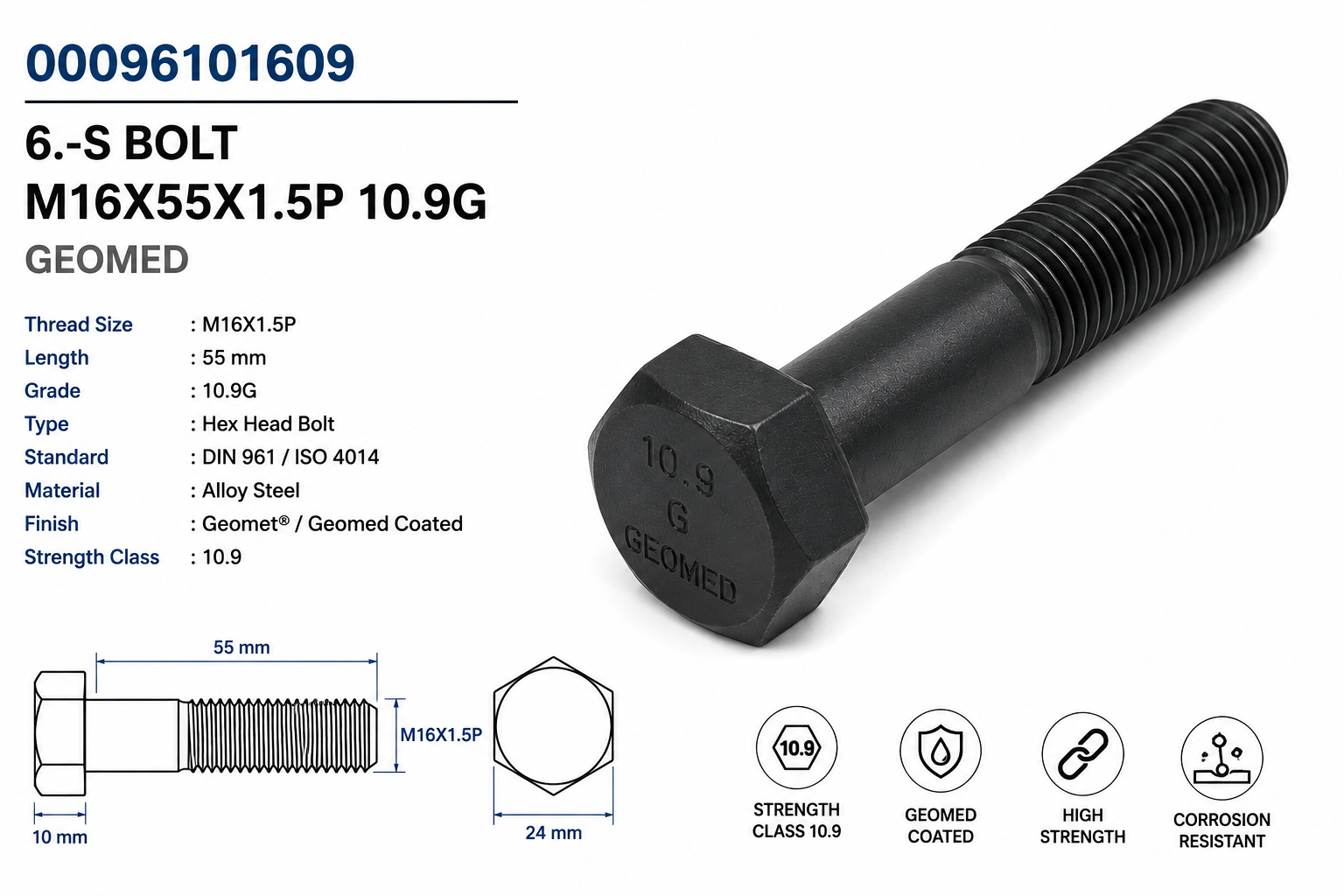 BOLT M16X55X1.5P 10.9G GEOMED