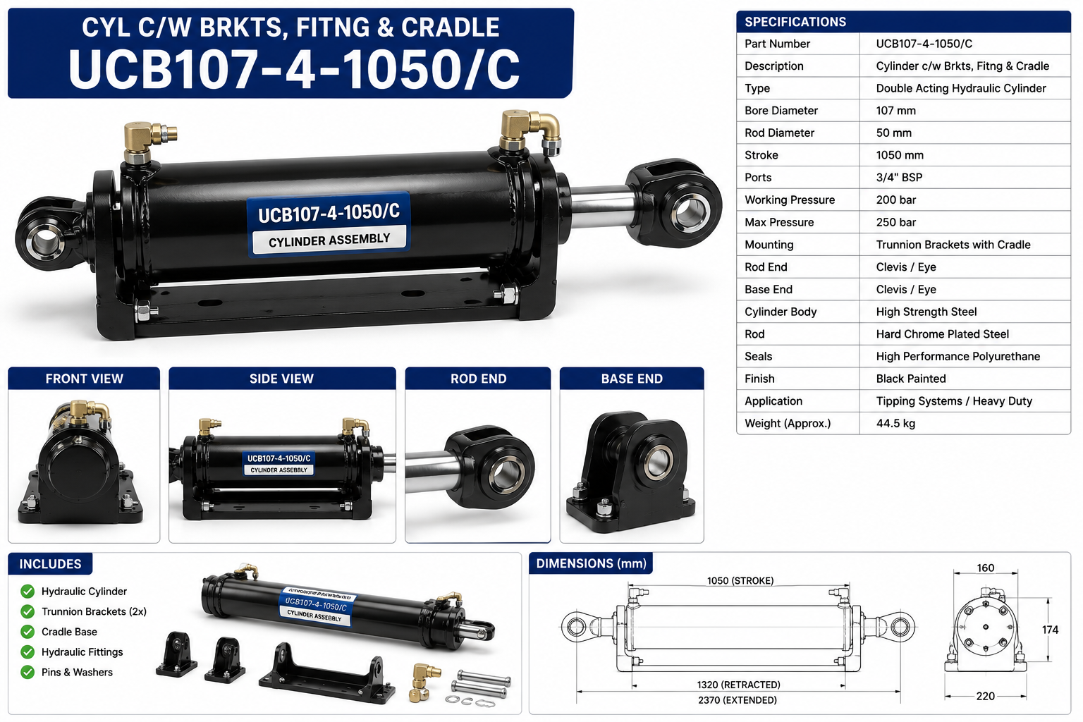 CYL C/W BRKTS, FITNG & CRADLE UCB107-4-1050/C