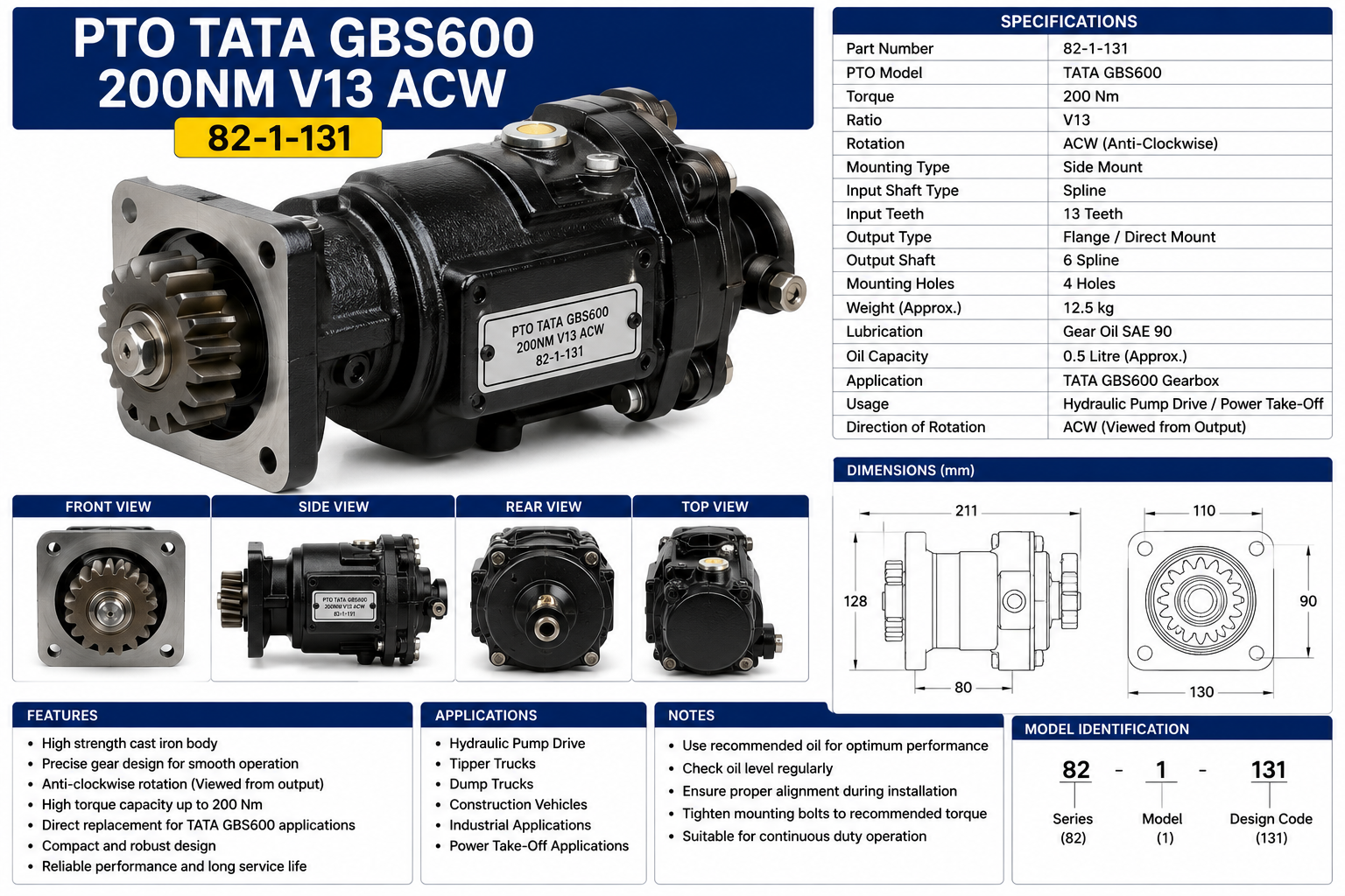 PTO TATA GBS600 200NM V13 ACW 82-1-131